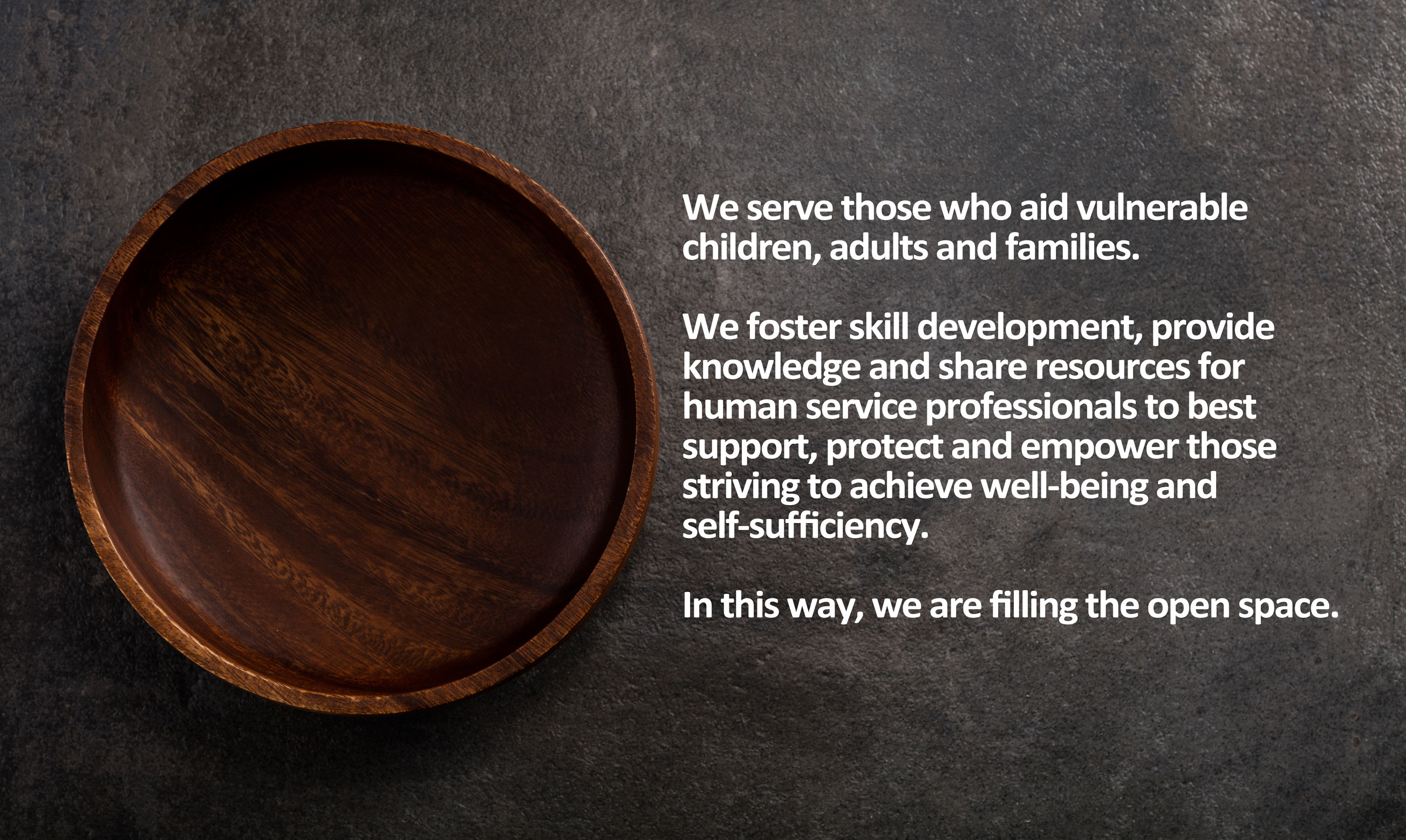 We serve those who aid vulnerable children, adults and families. We foster skill development, provide knowledge and share resources for human service professionals to best support, protect and empower those striving to achieve well-being and self-sufficiency. In this way, we are filling the open space.